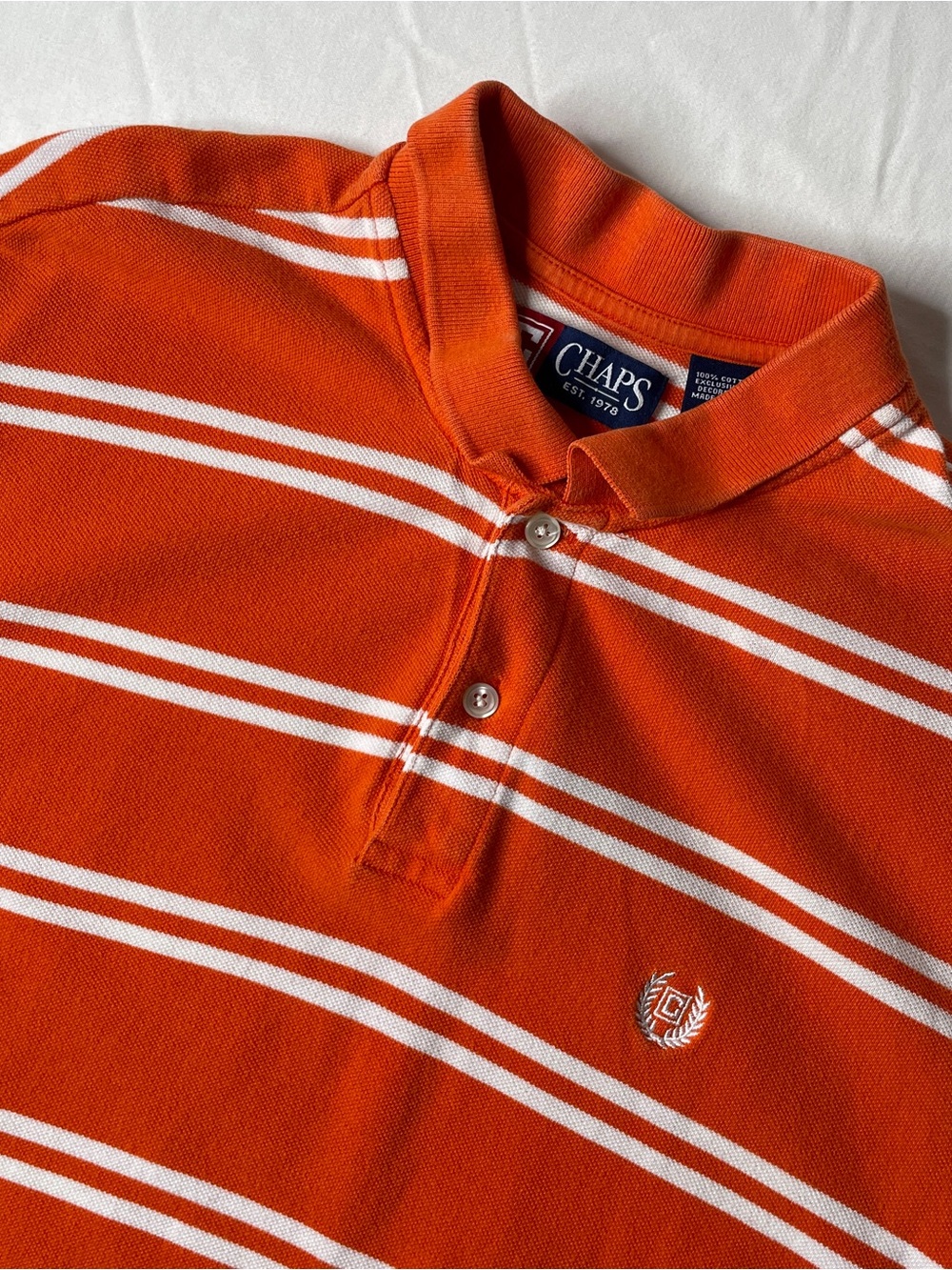 Chaps Ralph Lauren Polo Shirt Men Large Orange Striped Short Sleeve Vintage 90s